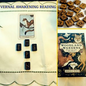A photo collage showing the Vernal Awakening reading, a collection of Runes, and the Oracle Deck Woodland Guardians